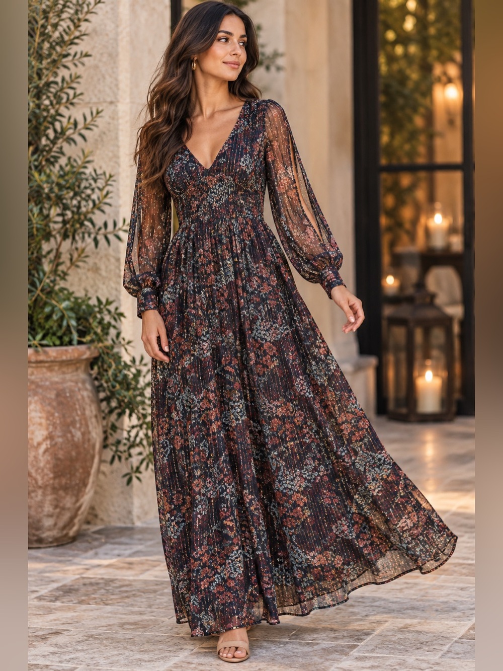 ModCloth Floral Chiffon Maxi Dress Sheer Split Sleeves Metallic XS